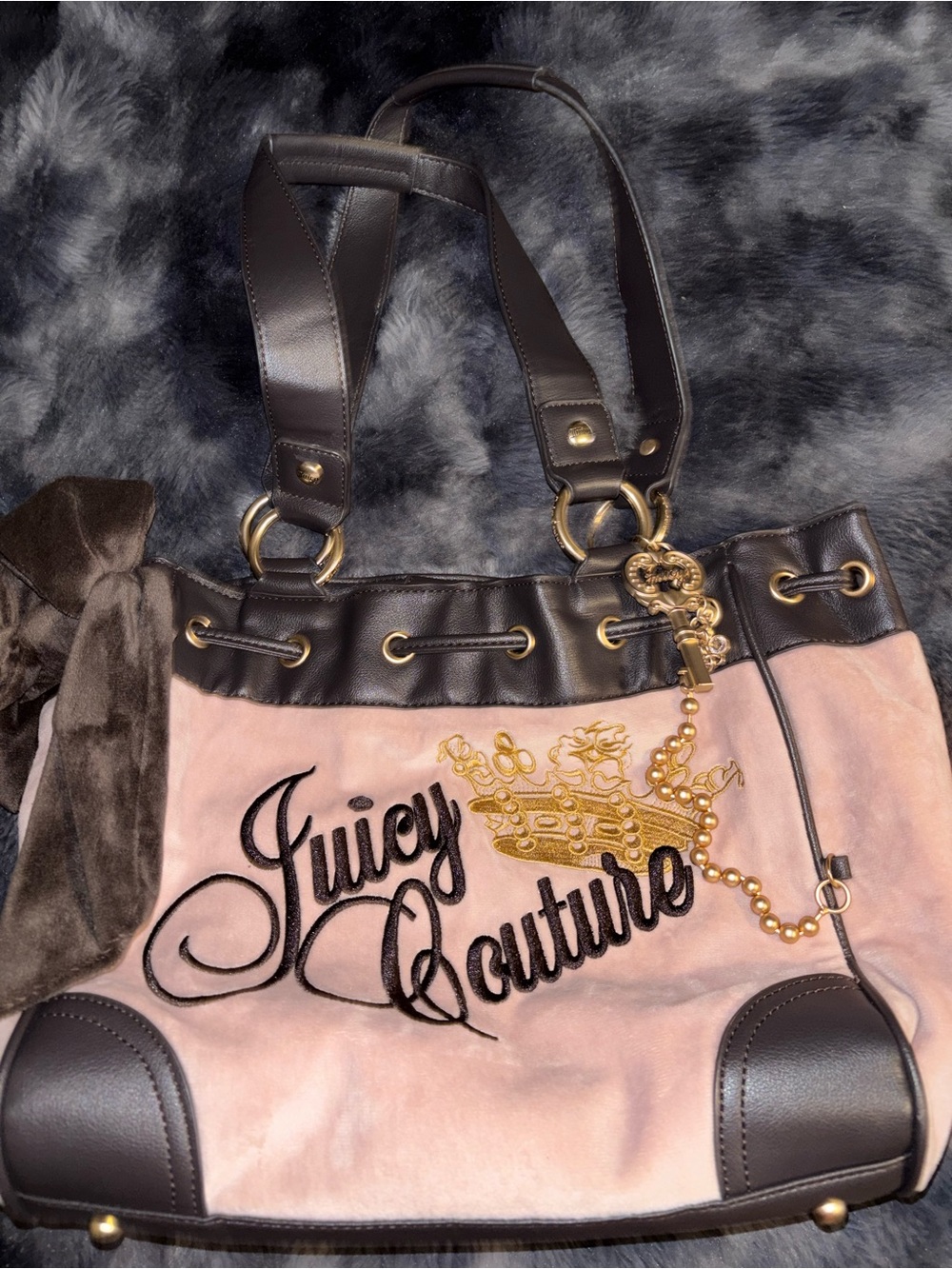 Juicy Couture Pink and Brown Embroidered Crown Tote